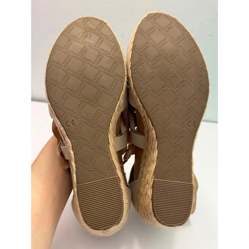 Vionic Kaitlyn Tan Canvas Ribbon Lace Up Espadrille Wedge Sandals Womens 7 Wide